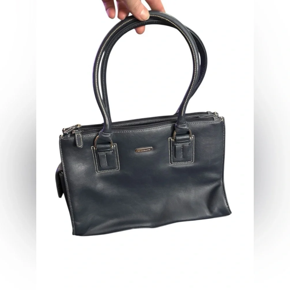 Vintage Chic Navy Faux Leather Satchel with Lots of Storage and Silver Accents